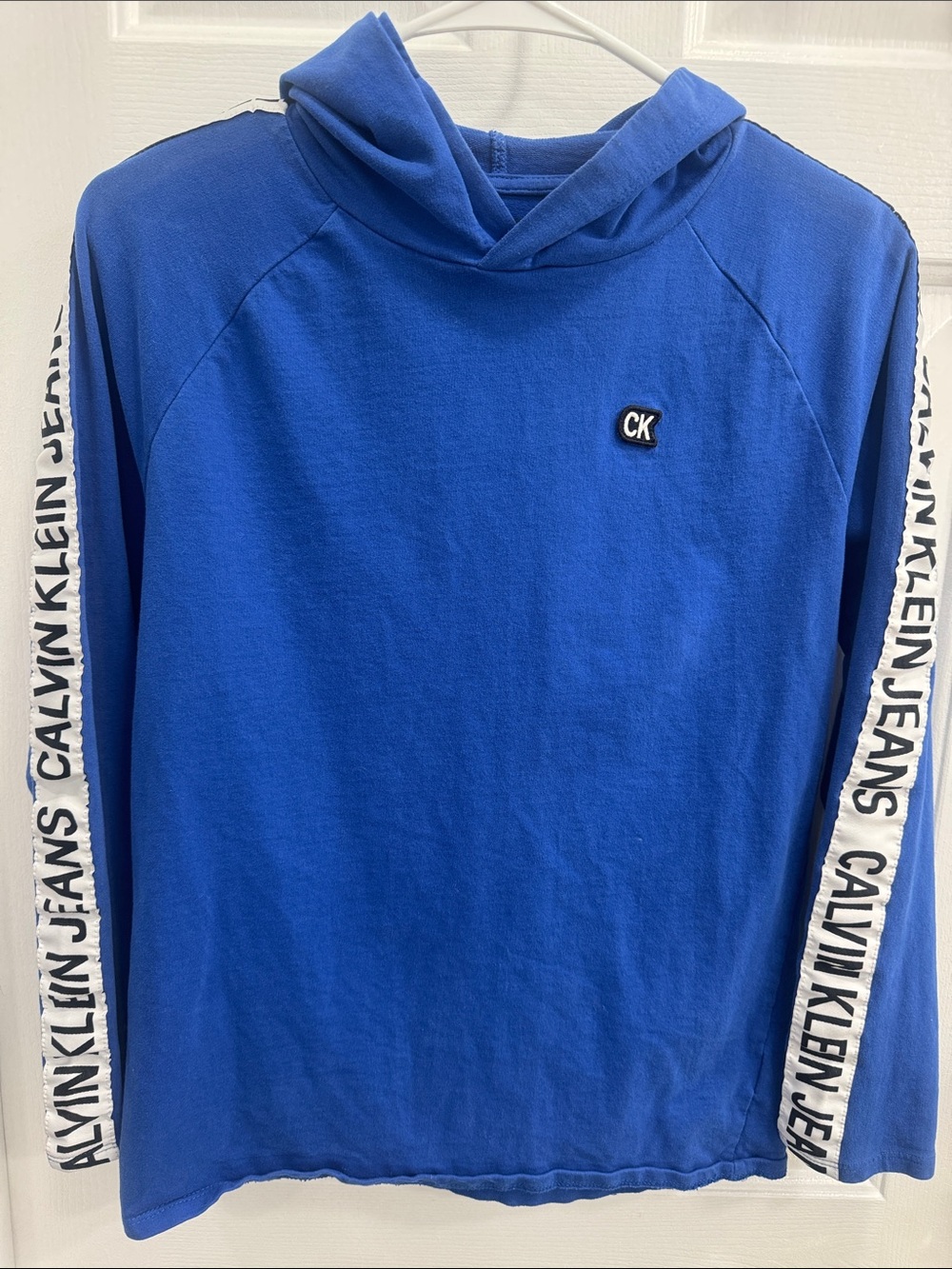Calvin Klein Jeans Royal Blue Hooded Top with White Logo Stripes